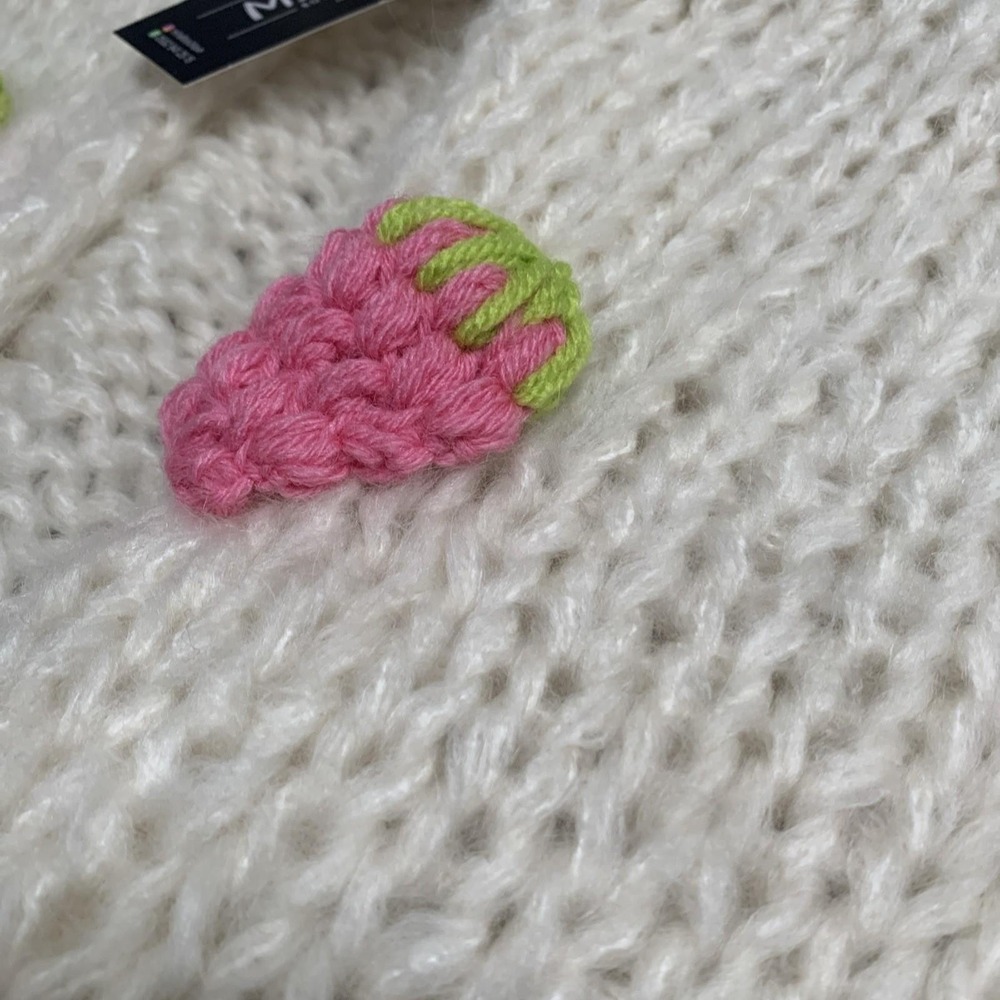 European Hand Knit Cardigan 3D Strawberry Balloon Sleeves Open Front Cream Sz M - Picture 4 of 10